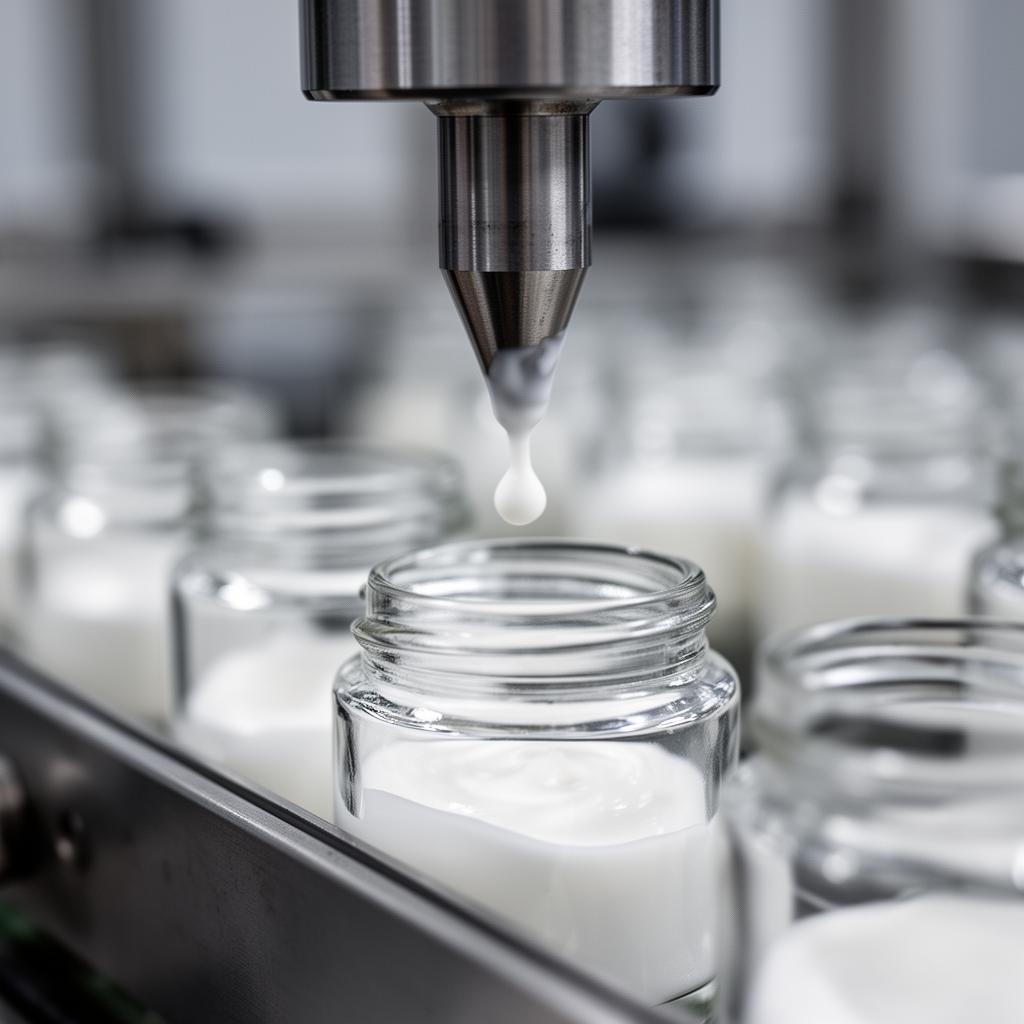 Close-up of cosmetics filling machine nozzle