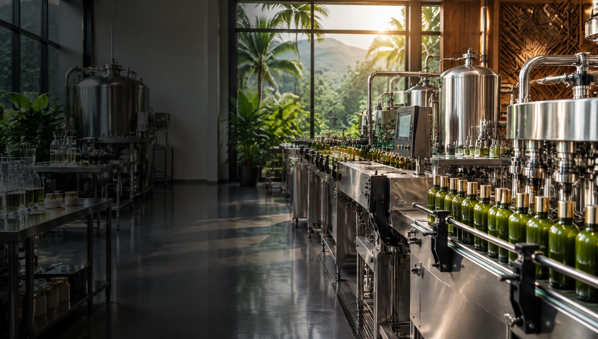 Automated cosmetics filling line with bottles on a conveyor inside the RAY Thailand factory workshop